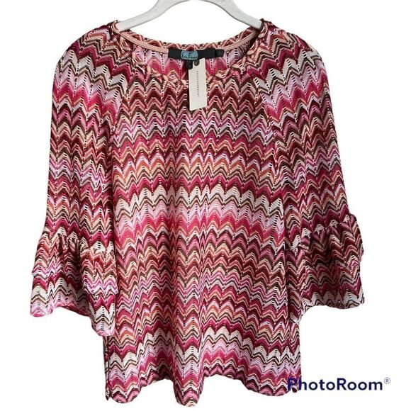 Anthropologie Eva Franco Lorelle Blouse Womens Small Pink Chevron 60's 70's Top - Picture 3 of 7